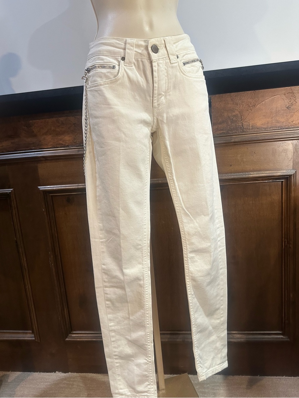 NWT SIZE 26 Dondup Off-White Straight-Leg Jeans with Zip Pocket Accents